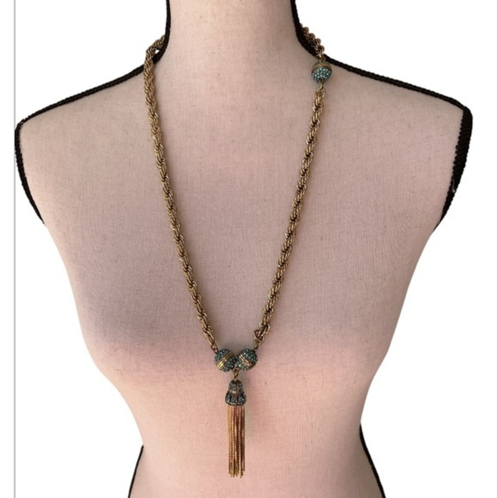 Heidi Daus Gold and Teal Tassel Necklace